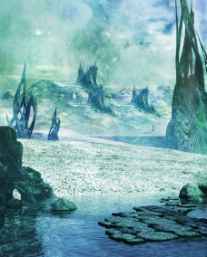科幻世界梦幻天空河流石块畸形怪石图片